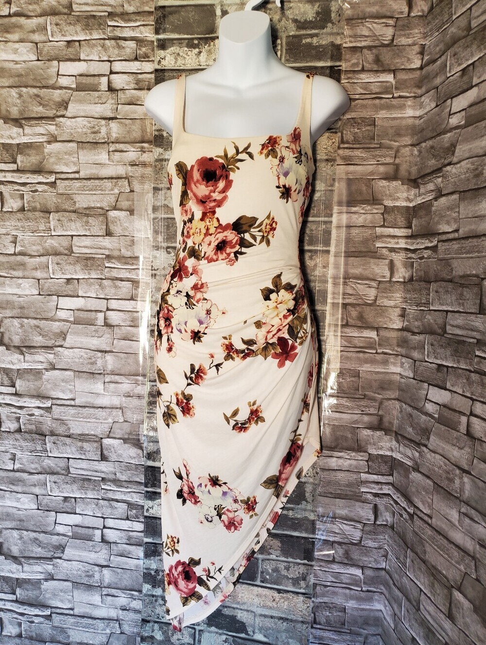 Floral Ruched Asymmetric Midi Dress Sleeveless Fairy Romantic Summer Beachy Smal